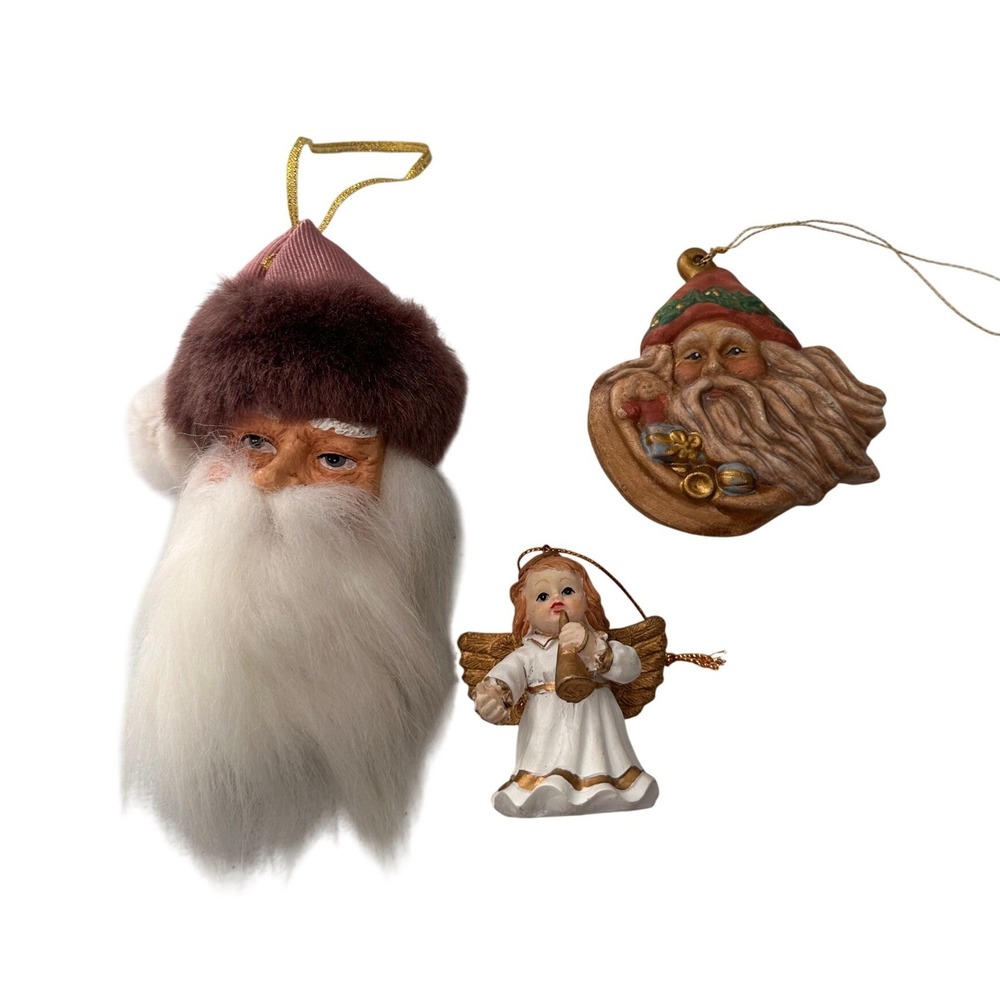 Giftco Vintage Christmas Ornament Lot Angel Santa Claus Resin Faux Fur 3pc Set